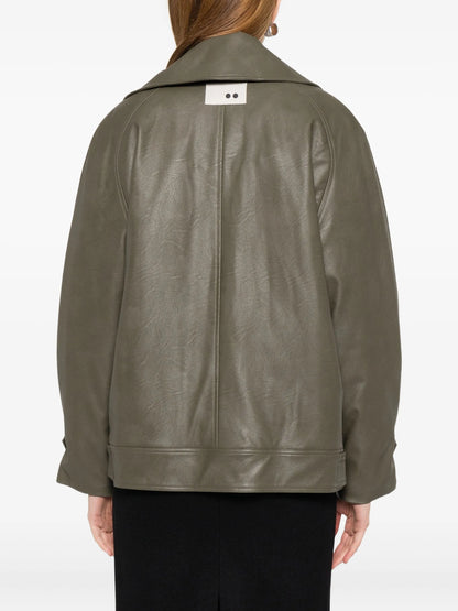 Trendy Olive Green Leather Jacket with Long Sleeves