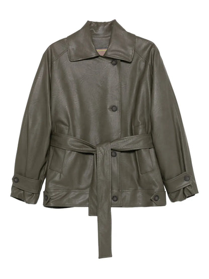 Trendy Olive Green Leather Jacket with Long Sleeves