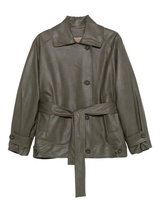 Trendy Olive Green Leather Jacket with Long Sleeves