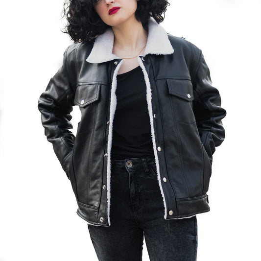 Modern leather jacket with fur classic jacket for women