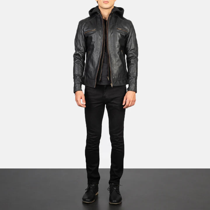 Black Hooded casual Leather Biker Jacket for men