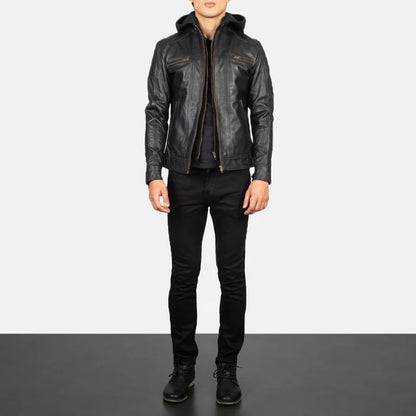 Black Hooded casual Leather Biker Jacket for men