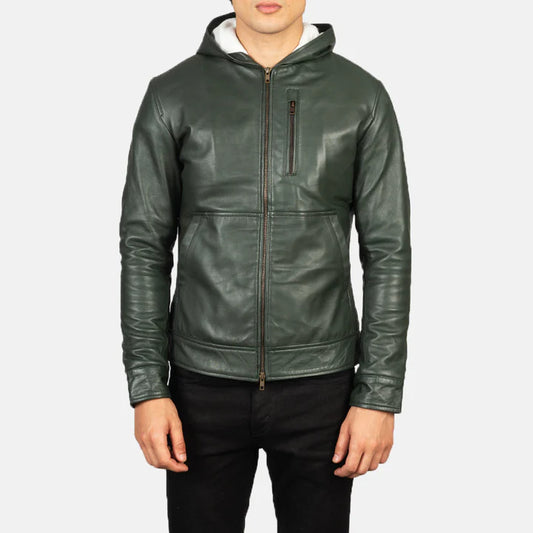 Green Hooded Leather Bomber Jacket