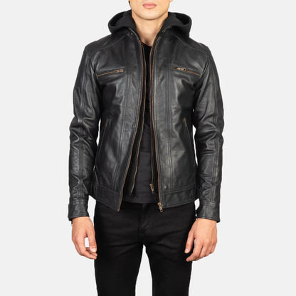 Black Hooded casual Leather Biker Jacket for men