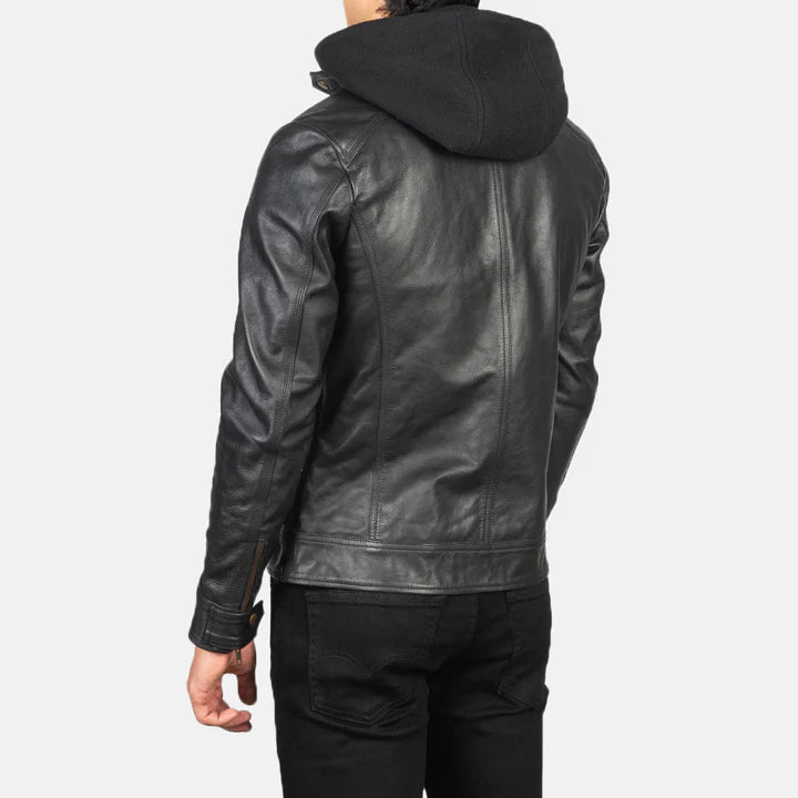 Black Hooded casual Leather Biker Jacket for men