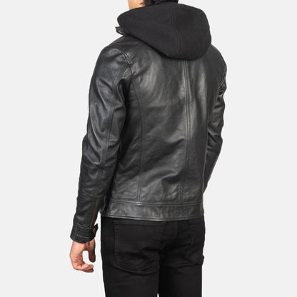 Black Hooded casual Leather Biker Jacket for men