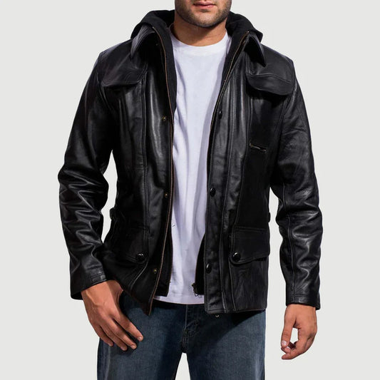 Black hooded leather jacket for men black casual leather jacket