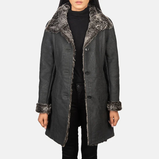 Black leather jacket for women with grey fur women leather coat