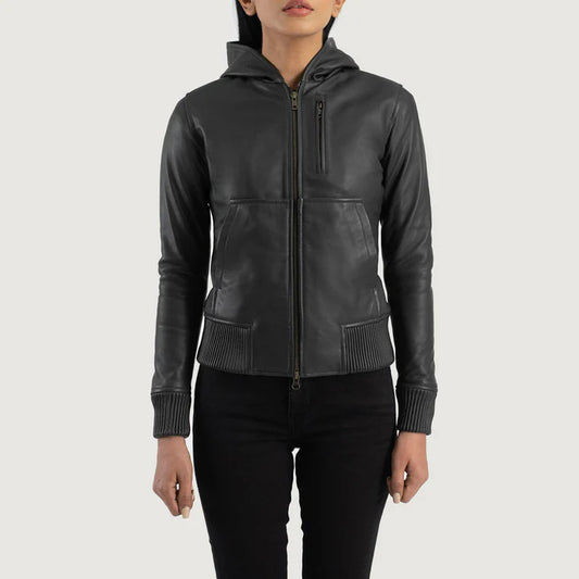 Black Hooded Leather Bomber Jacket