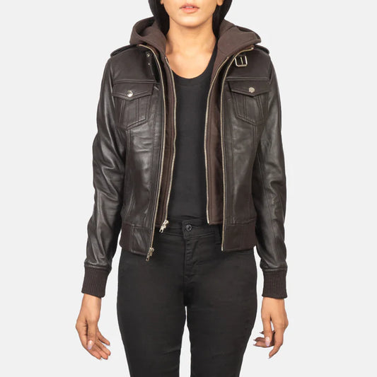 Hooded leather jacket for women