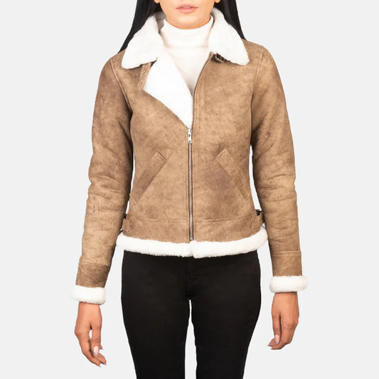 Brown bomber leather jacket women leather coat with fur
